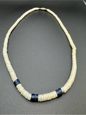 Vintage White Heishi Shell Choker Necklace Blue Coral Accent
